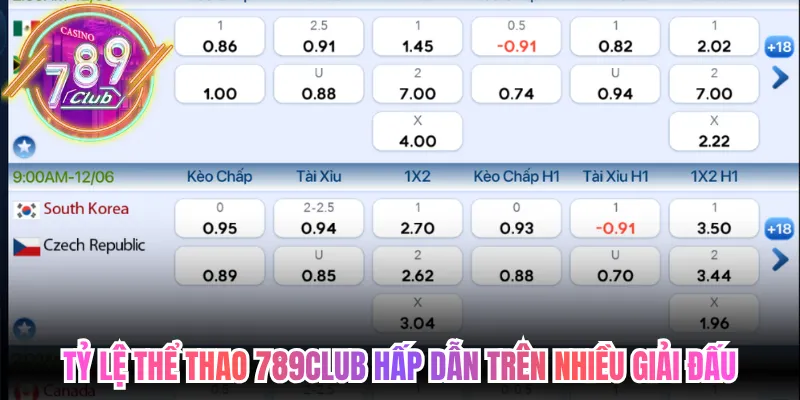 Tỷ lệ thể thao 789club hấp dẫn trên nhiều giải đấu 